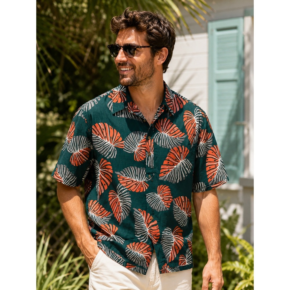 Tori Richard Uniforms Mens Green Tropical Monstera Leaf Popover Shirt M Beach
